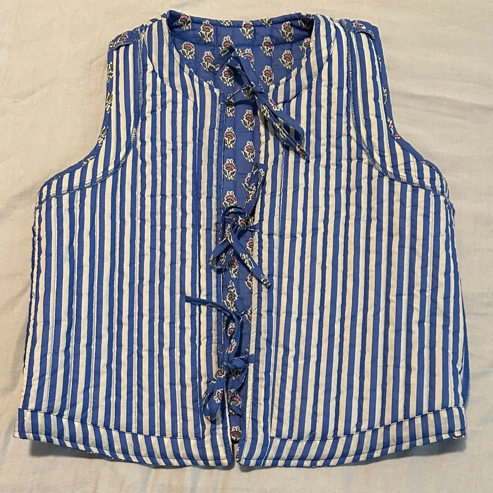 Blue Floral Quilted Vest - Women's Sleeveless Jacket - Picture 8 of 12